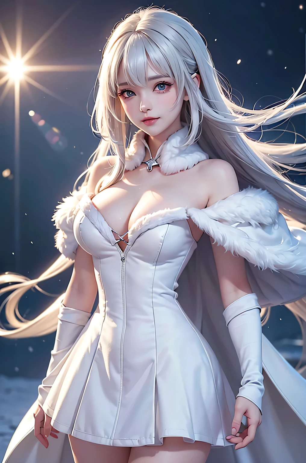 (Close-up)((masterpiece:1.5、8k、Tabletop、Photorealistic and very detailed CG、Very detailed、Particle Effects、Dynamic Effects、Written boundary depth、Cinematic Light、Lens flare、Ray Tracing、Tabletop、Realistic:1.4、超A high resolution、Realistic、Realistic))((alone、 (Thick fur collar cape:1.1)、Off-the-shoulder dress、Elegant woman posing、Detailed face、brightexpression、young, bright, Whiter skin、medium beauty breasts、Best Looks、Ultimate beauty、White hair with shiny highlights、Bright and shiny straight bob hair、Hair dancing in the wind))(morning、fantastic snow background,white thin cloth)
