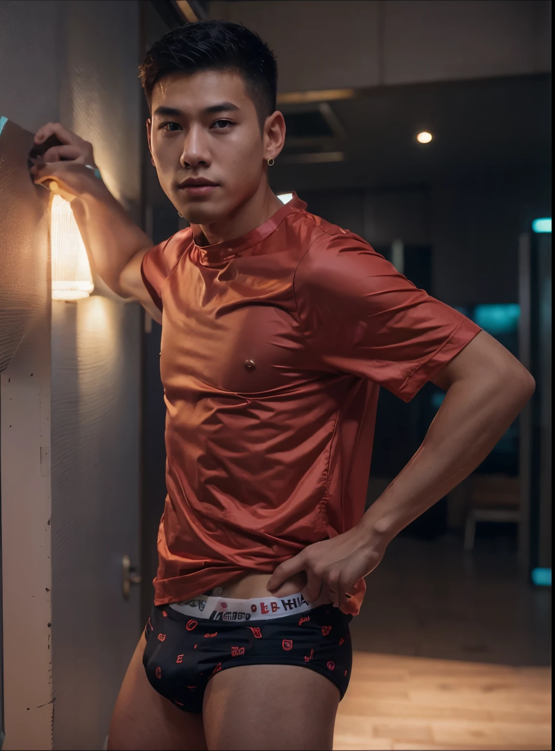Handsome young man,lean skinny,underwear,Take off your shirt.,ager,Asian people, cyber punk backdrop