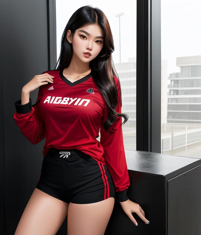 araffe woman in a red shirt and black shorts posing for a picture, sexy girl,Wear a volleyball shirt.,Number 18 ,is, red shirt, Cindy Avelino, Female model, 2 4 years old,gorgeous woman large chest leg opening,