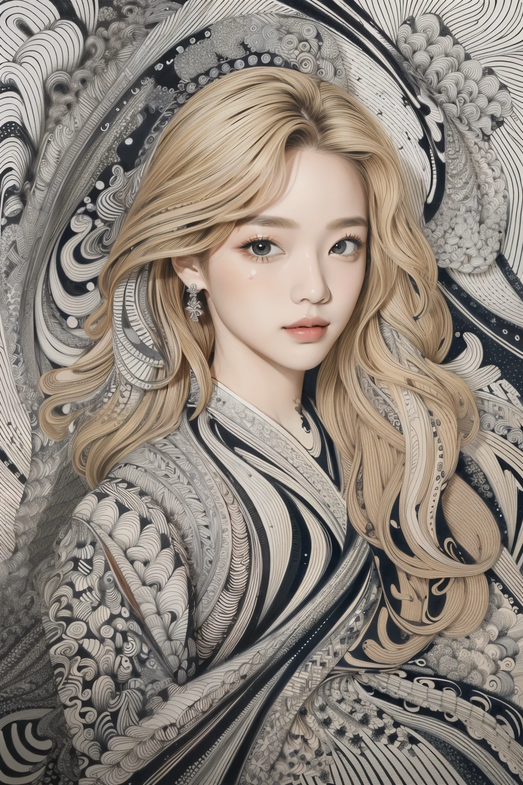 ((masterpiece:1.2, best quality)), very detailed, Ultra-precise depictions, very detailed 묘사, (Zentangle:1.2), (dynamic pose), (abstract background:1.5), Waves long hair, blonde hair, 1 woman, fancy, portrait, Colorful backgrounds,