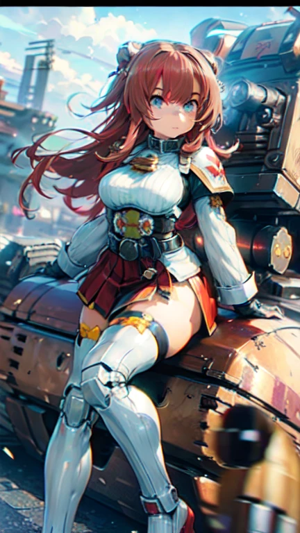 Masterpiece, intricate, anime style, full body, 1girl, warhammer 40k style, white scars, space marine feature, white scars emblem, white power armor, (bun, long hair, :1.25), beard, REST, Sword, sword in hand, action, rakkun, racoon ears, 1tail, fluffy tail, brown and light brown ringed tail, red and blue eyes blurred, short hair, red inner hair, brown hair, a strand of hair on the left side, red hair strips, cybernetic body, mecha arms, mecha legs, mechanical arms, mechanical legs, short black shirt uncovered on the shoulders and with a black mesh with black borders up to the collar, polo shirt, short black skitr whit dark red checkered, black belt around the waist, looking at viewer, best quality, 4k,highres, professional art, professional drawing, professional lineart, outlined markers, 