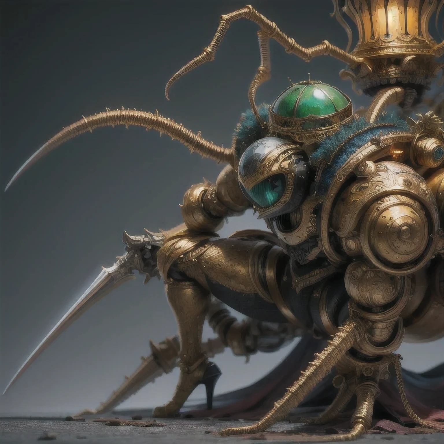 a close up of a golden spider with a royal green emerald body and legs, steampunk spider, Mechanical spider red and cobalt blue legs, arachnid, lolth, arachne, spider, steampunk robot scorpion, highly detailed barlowe 8 k, Bright orange legs large, sculpture made of gold, by Hiroyuki Tajima, full samurai armor spiderman, giger spider joker, insectoid,(((Degenerator )))