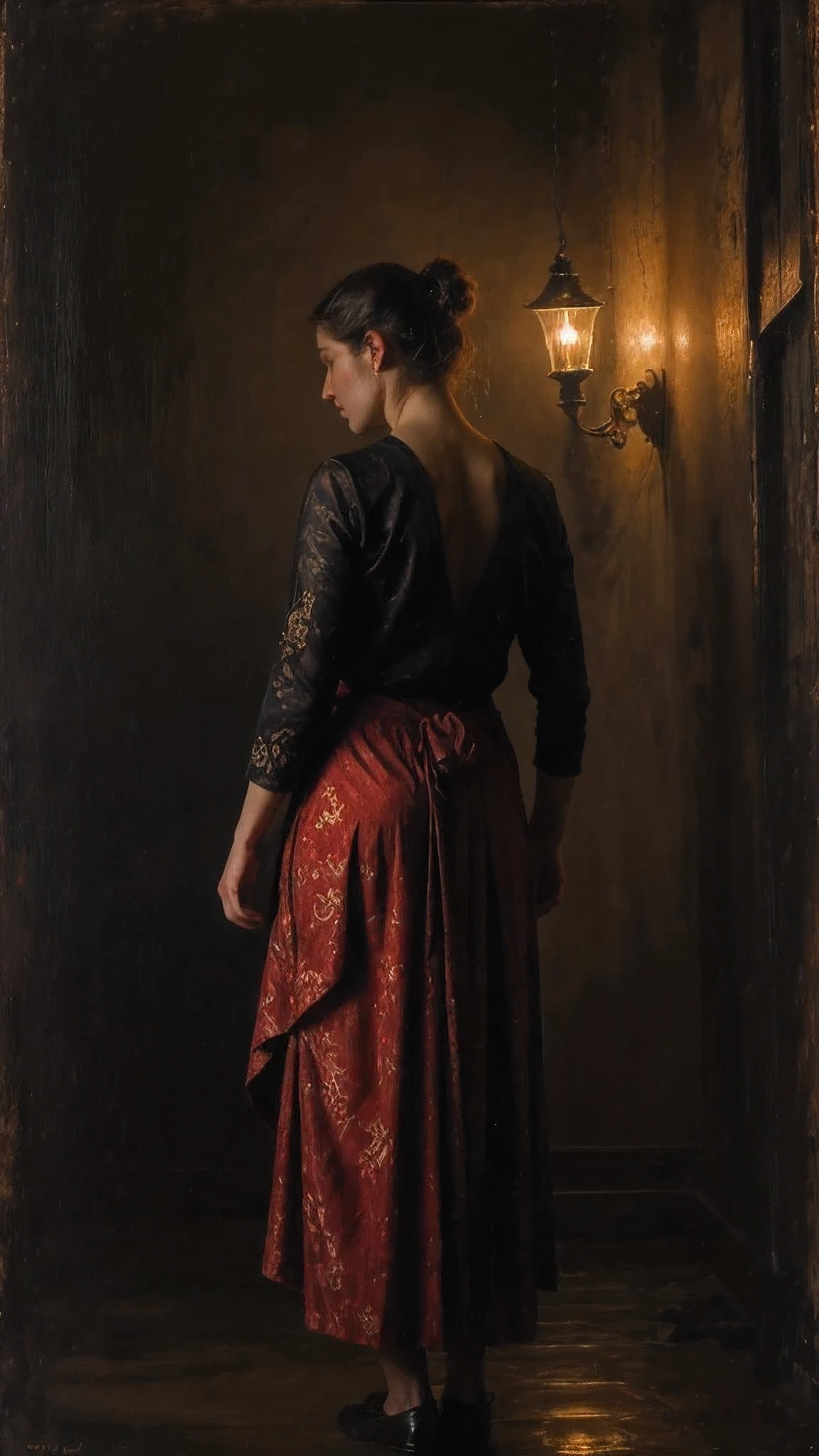 (masterpiece, r1ge), bragas, from behind, encorvado, Caderas anchas, muslos gruesos, Oil painting, [[The character is surrounded by mist, evoking a mysterious and eerie atmosphere. The lighting is dark and atmospheric, with a red smoke adding a touch of sinister ambiance. The image is of the best quality, with a resolution of 4k and HDR enhancement, showcasing the utmost level of detail and realism, sfw, full body shot. closeup View from above. (1woman)]]