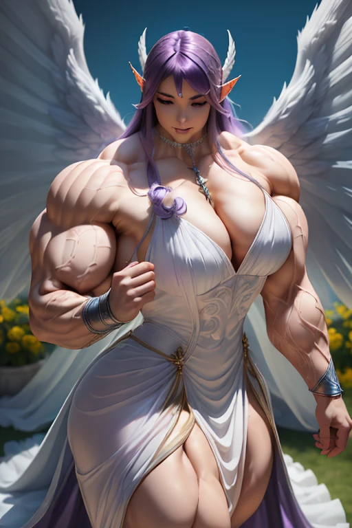 ((((Massive tall, beautiful, buff, pale skinned skinned muscular angel woman with violet purple hair, huge angel wings, ginormous bulky muscles, flexes biceps and wearing a beautiful white long angel dress)))), (close view), massive muscles, massive biceps, hyper muscle shoulders, massive muscle arms, vascular shoulders, hyper muscle triceps, huge angel wings, (long hair with long bangs), black eyes, choker, angel gauntlets, on top of a sunny skyscraper in a Windy City, confidant smile, hyper vascular arms, hyper muscles arms, hyper muscle legs, (massive arms).