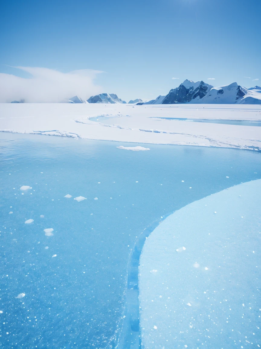 A blue ground，Covered with blue ice，Filled with white mist，There is nothing besides these。The sky is a clear blue。8K，Surrealism，Extreme cold