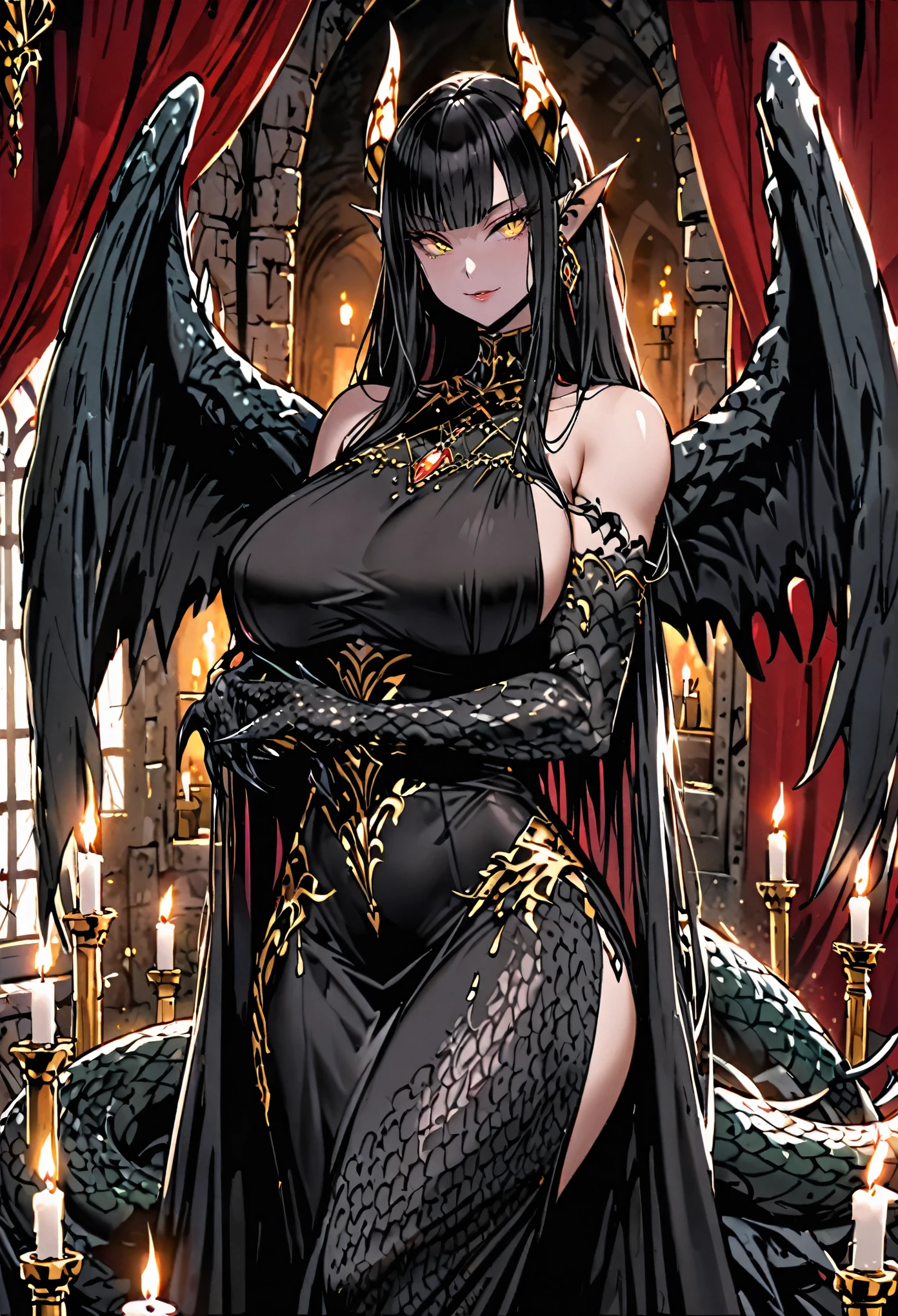 solo, female, sfw, medium shot, long hair, straight hair, black hair, golden eyes, head fins, huge breasts, black tail, dragon tail, black wings, dragon wings, huge wings, black scales, black claw hands, luxurious gown dress, medieval, luxurious, gold, jewelry, day, scaly hands, clawed hands, scales on forearms, very tall woman, seductive smile, muscular, slit pupils, dragon horns, large woman, 8 foot tall, candles, curtains, bare shoulders