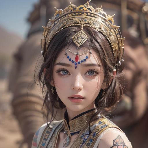 Hiding in the desert、Hair flow、 ((highest quality、masterpiece、8k、Best image quality、Ultra-high resolution、Award-winning works)、(Accurate anatomy:1.1)、(Look at me and smile:1.1)、Shining fair skin with Ultra-high resolution、The most detailed face、Ultra-high resolution detailed face、Ultra-high resolution hair、(Ultra-high resolutionのeyes :1.1)、Beautiful face drawn in every detail、(Blurred Background:1.1)、Ancient Islamic clothing, Chest to chest, tattoo, Old ruins in the background、Decorated elephant