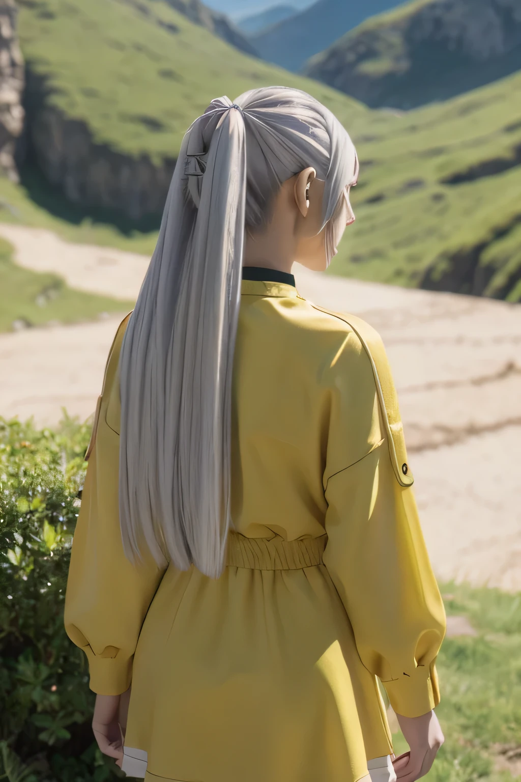 1girl, Frieren from Frieren: Beyond Journey's End ,silver twintail hair, wearing yellow clothes, Frieren hairstyle, clothes detailed, ultra detailed, standup, back view,overlooking mountain, from back, 8k, ultra hd, ultra detailed, masterpiece.