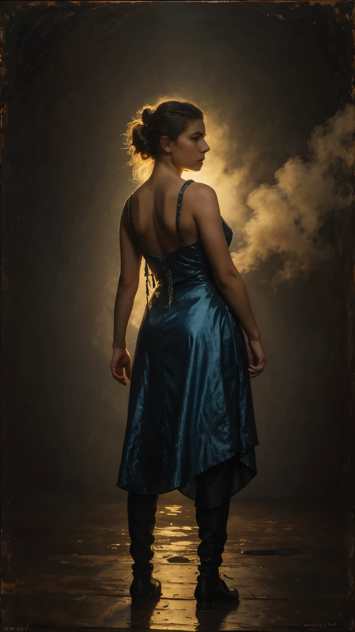 (masterpiece, r1ge), bragas, from behind, encorvado, Caderas anchas, muslos gruesos, Oil painting, [[The character is surrounded by mist, evoking a mysterious and eerie atmosphere. The lighting is dark and atmospheric, with a blue smoke adding a touch of sinister ambiance. The image is of the best quality, with a resolution of 4k and HDR enhancement, showcasing the utmost level of detail and realism, sfw, full body shot. closeup View from above. (1woman)]]