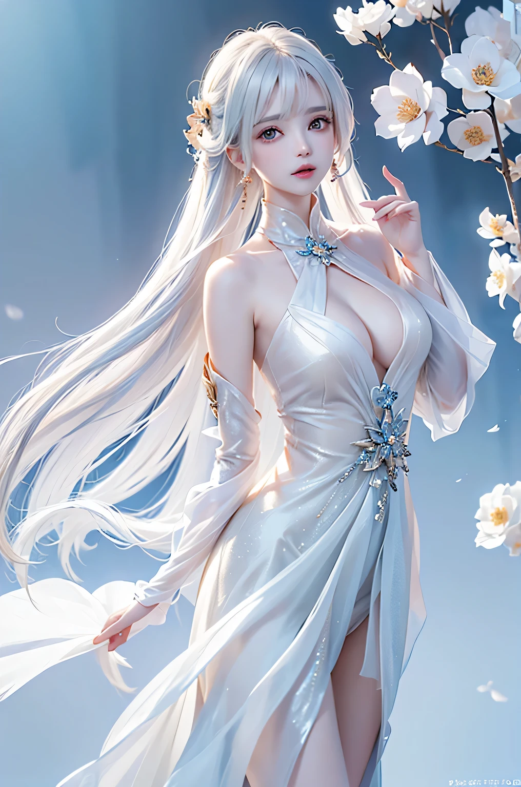 ((From the waist up))((masterpiece:1.5、8k、Portraiture、Photorealistic and very detailed CG、Very detailed、Particle Effects、Dynamic Effects、Written boundary depth、Cinematic Light、Lens flare、Ray Tracing、Tabletop、Realistic:1.4、超A high resolution:1.2、Realistic、Realistic))((alone、,Woman in turtleneck dress:1.4、Model-like pose:、Side bust、Ample breasts、Detailed face、brightexpression、young, bright, Whiter skin、Best Looks、Ultimate beauty、White hair with shiny highlights:1.8、bright and shiny hair,、Super long, Silky straight hair、Hair swaying in the wind))(Wonderful transparent flower々Surrounded by、White Background、Great background、Thin petals fluttering down)