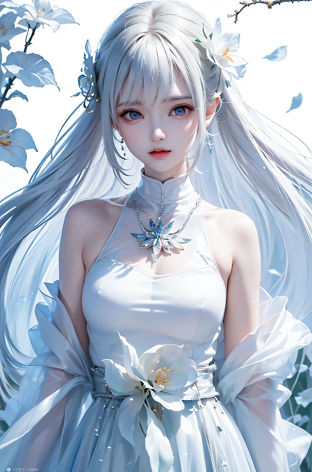 ((From the waist up))((masterpiece:1.5、8k、Portraiture、Photorealistic and very detailed CG、Very detailed、Particle Effects、Dynamic Effects、Written boundary depth、Cinematic Light、Lens flare、Ray Tracing、Tabletop、Realistic:1.4、超A high resolution:1.2、Realistic、Realistic))((alone、,Woman in turtleneck dress:1.4、Model-like pose:、Side bust、Ample breasts、Detailed face、brightexpression、young, bright, Whiter skin、Best Looks、Ultimate beauty、White hair with shiny highlights:1.8、bright and shiny hair,、Super long, Silky straight hair、Hair swaying in the wind))(Wonderful transparent flower々Surrounded by、White Background、Great background、Thin petals fluttering down)