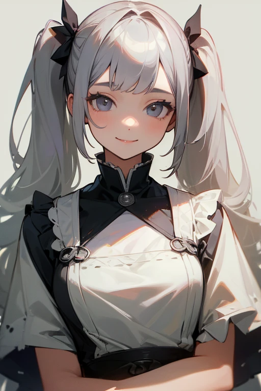 (masterpiece, highest quality, High resolution: 1.2), 1 girl, alone, Twin tails, Grey Eyes, Upper Body, dress, Silver Hair, smile、