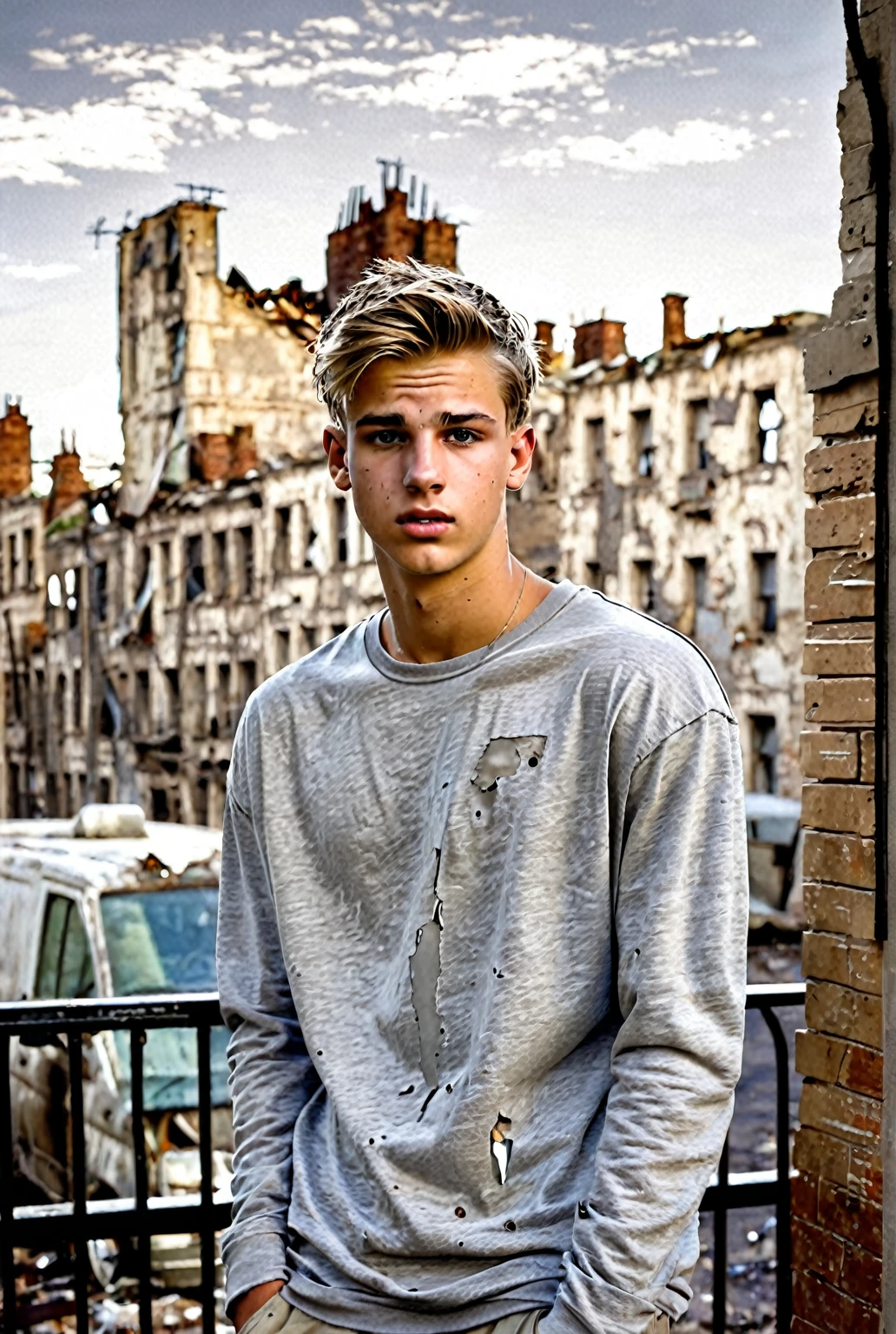 (Same style drawing, young 20-year old short white male, young face, wearing light grey short loose t-shirt, same face, no face changes, very short dark blonde hair, dirty blonde hair, lighter skin, pale skin, darker hair, fitter, shorter torso, preppy, post-apocalypse, ruined buildings