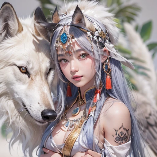 Shirakami-Sanchi、Hair flow、 ((highest quality、masterpiece、8k、Best image quality、Ultra-high resolution、Award-winning works)、(Accurate anatomy:1.1)、(Look at me and smile:1.1)、Shining fair skin with Ultra-high resolution、The most detailed face、Ultra-high resolution detailed face、Ultra-high resolutionの髪の毛、(Ultra-high resolutionの煌めく瞳:1.1)、Beautiful face drawn in every detail、(Blurred Background:1.1)、Native American white costume, American Indian Clothing, Chest to chest, tattoo、A real giant condor next to you。Observe the white wolf