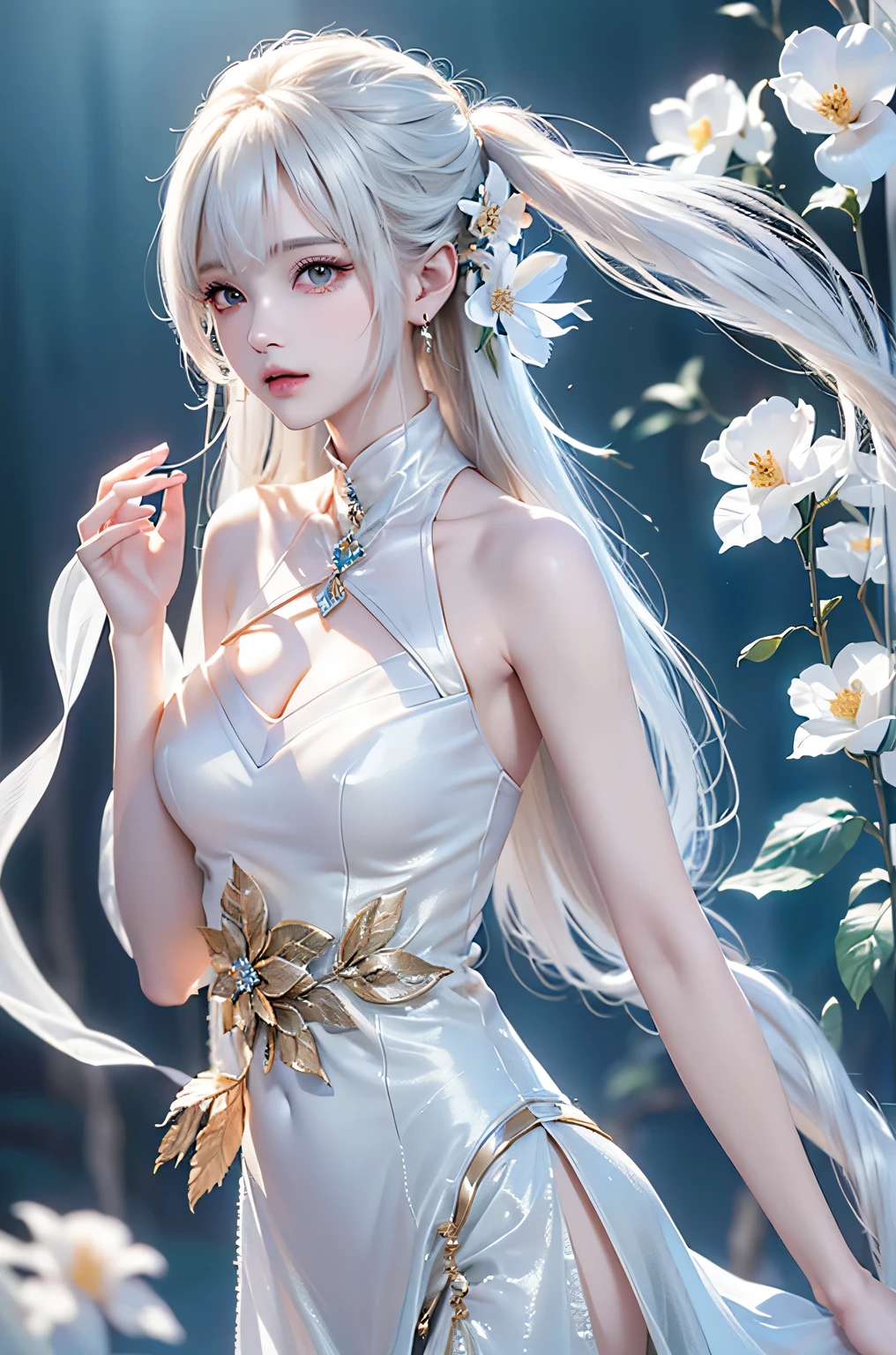 ((From the waist up))((masterpiece:1.5、8k、Portraiture、Photorealistic and very detailed CG、Very detailed、Particle Effects、Dynamic Effects、Written boundary depth、Cinematic Light、Lens flare、Ray Tracing、Tabletop、Realistic:1.4、超A high resolution:1.2、Realistic、Realistic))((alone、,Woman in turtleneck dress:1.4、Model-like pose:、Side bust、Ample breasts、Detailed face、brightexpression、young, bright, Whiter skin、Best Looks、Ultimate beauty、White hair with shiny highlights:1.8、bright and shiny hair,、Super long, Silky straight hair、Hair swaying in the wind))(Wonderful transparent flower々Surrounded by、White Background、Great background、Thin petals fluttering down)