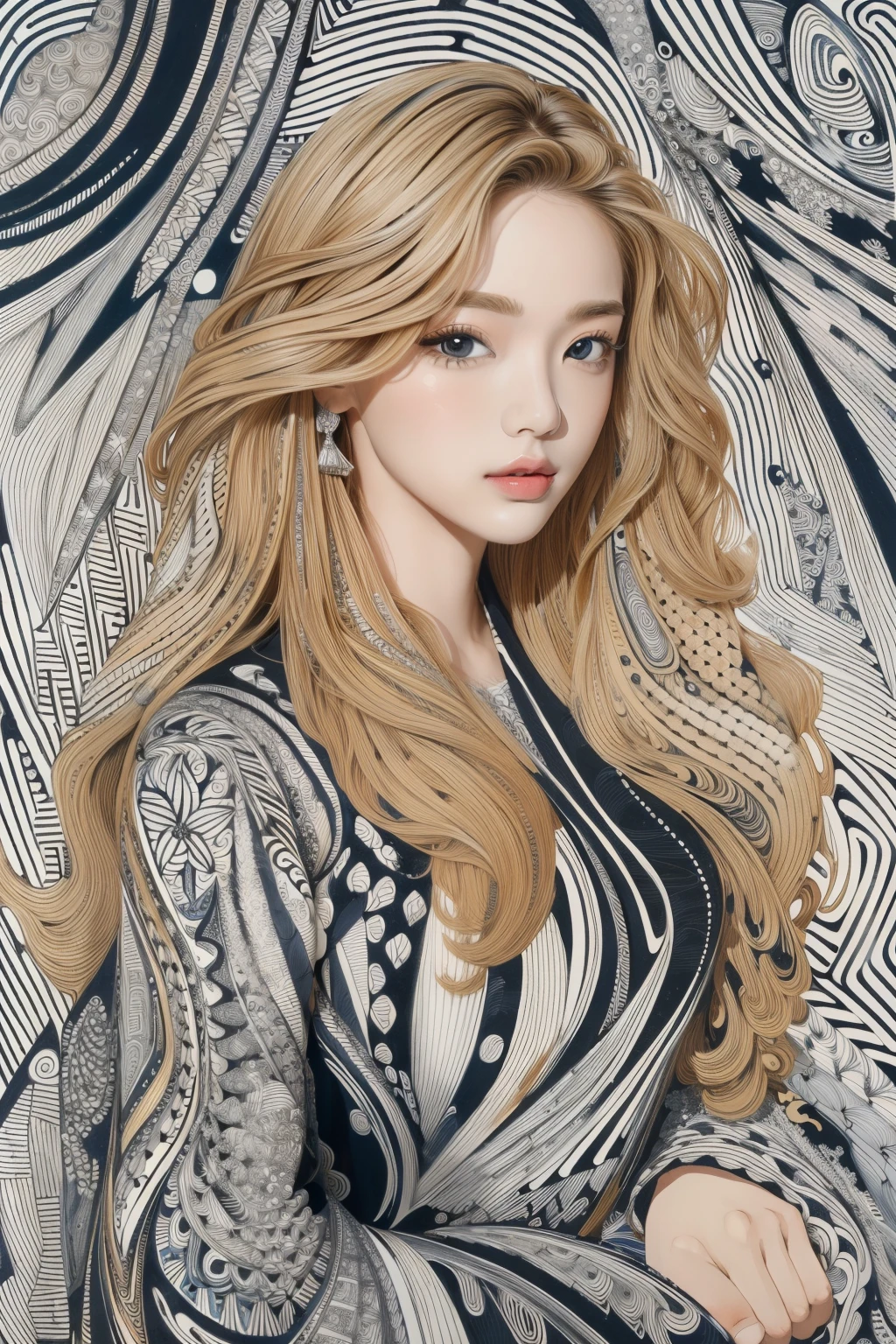 ((masterpiece:1.2, best quality)), very detailed, Ultra-precise depictions, very detailed 묘사, (Zentangle:1.2), (dynamic pose), (abstract background:1.5), Waves long hair, blonde hair, 1 woman, fancy, portrait, Colorful backgrounds,