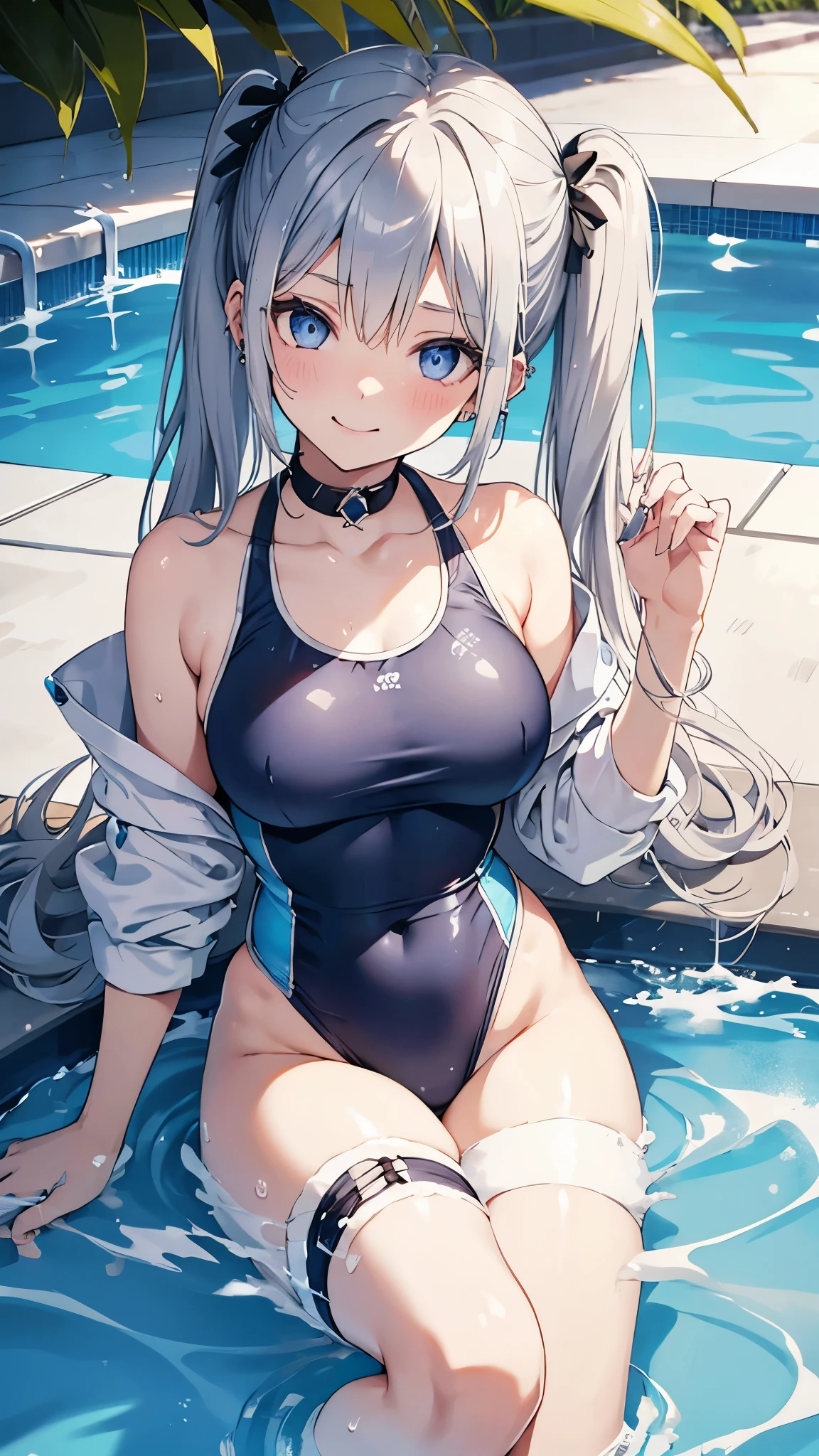 Silver-haired blue eyes、 girl、Small breasts、Twin tails、Laughter、Nico Nico Smile、Wink、 girl、Looks about 、Petan Musume、short、There are highlights in the eyes、Coming to the pool、Wear a cute swimsuit、Slide down the slider、Gal-like appearance、Wearing piercings