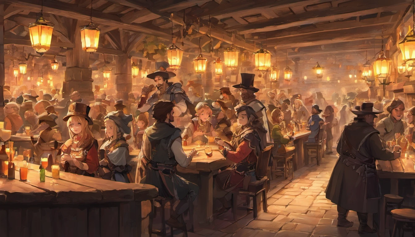 Everyone is facing away so that their faces are not visible.!!!!!!!!!! "In a bustling medieval marketplace, an open-air tavern is filled with lively activity as villagers gather to enjoy food and drink. The tavern's wooden structure is adorned with warm lanterns that cast a golden glow over the scene, creating a welcoming and festive atmosphere. Long wooden tables are crowded with patrons, who are engaged in animated conversations and laughter. The bar area is particularly busy, with people ordering drinks and food from the bartenders behind the counter. The scene is rich with detail: patrons in colorful medieval attire, including hats, cloaks, and tunics, mingle and enjoy the convivial environment. Two women in the foreground, one in a blue dress and the other in a pink dress, are sharing a moment of joy as they toast with their drinks. A man wearing a wide-brimmed hat and a leather vest sits at a table with a mug of ale, seemingly lost in thought. The background features a stone building with ivy climbing its walls, adding to the charm of the medieval setting. Windows are lit, suggesting the presence of people inside, and the overall ambiance is one of warmth and community. The cobblestone street underfoot adds to the authenticity of the scene, and the light from the lanterns and the setting sun bathes everything in a soft, inviting light. The marketplace extends beyond the tavern, with more villagers seen in the distance, engaged in various activities such as shopping, chatting, and strolling through the market. The entire scene captures the essence of a lively and close-knit medieval community, where people come together to celebrate and share in the joy of companionship and good times."