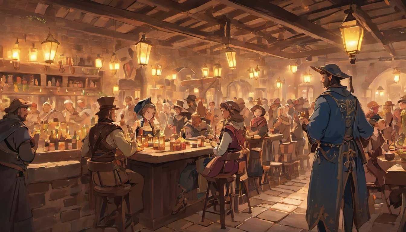 Everyone is facing away so that their faces are not visible.!!!!!!!!!! "In a bustling medieval marketplace, an open-air tavern is filled with lively activity as villagers gather to enjoy food and drink. The tavern's wooden structure is adorned with warm lanterns that cast a golden glow over the scene, creating a welcoming and festive atmosphere. Long wooden tables are crowded with patrons, who are engaged in animated conversations and laughter. The bar area is particularly busy, with people ordering drinks and food from the bartenders behind the counter. The scene is rich with detail: patrons in colorful medieval attire, including hats, cloaks, and tunics, mingle and enjoy the convivial environment. Two women in the foreground, one in a blue dress and the other in a pink dress, are sharing a moment of joy as they toast with their drinks. A man wearing a wide-brimmed hat and a leather vest sits at a table with a mug of ale, seemingly lost in thought. The background features a stone building with ivy climbing its walls, adding to the charm of the medieval setting. Windows are lit, suggesting the presence of people inside, and the overall ambiance is one of warmth and community. The cobblestone street underfoot adds to the authenticity of the scene, and the light from the lanterns and the setting sun bathes everything in a soft, inviting light. The marketplace extends beyond the tavern, with more villagers seen in the distance, engaged in various activities such as shopping, chatting, and strolling through the market. The entire scene captures the essence of a lively and close-knit medieval community, where people come together to celebrate and share in the joy of companionship and good times."