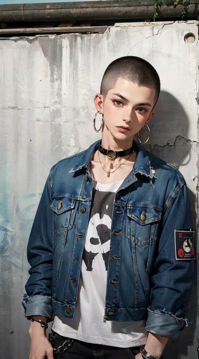 (masterpiece:1.2, best quality), (1lady, solo, upper body:1.2), Hair: buzz cut, Clothing: oversized, distressed denim jacket with patches and pins, paired with black skinny jeans and combat boots, Accessories: silver hoop earrings and a black choker necklace, Hanging out in an underground music venue or street art exhibit