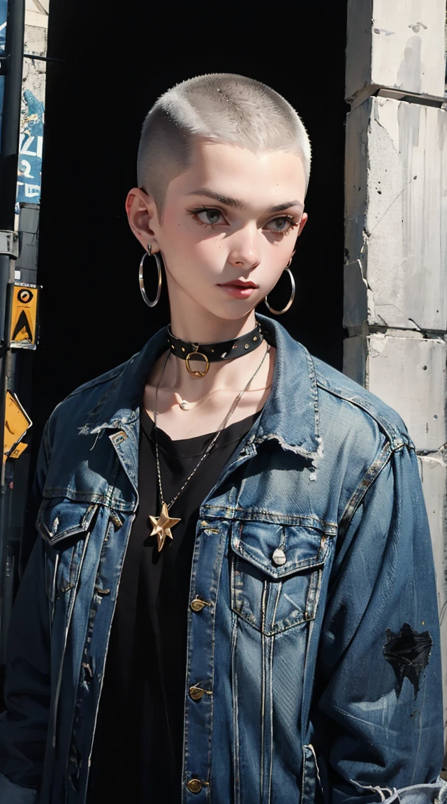 (masterpiece:1.2, best quality), (1lady, solo, upper body:1.2), Hair: buzz cut, Clothing: oversized, distressed denim jacket with patches and pins, paired with black skinny jeans and combat boots, Accessories: silver hoop earrings and a black choker necklace, Hanging out in an underground music venue or street art exhibit
