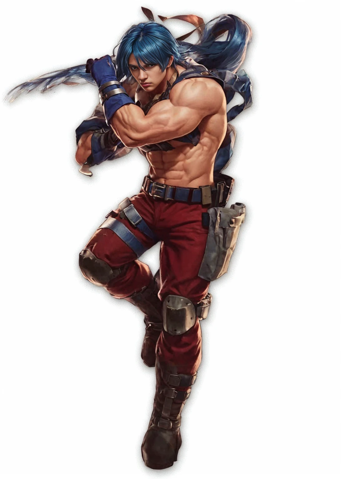 battlefield background, blue hair, muscular