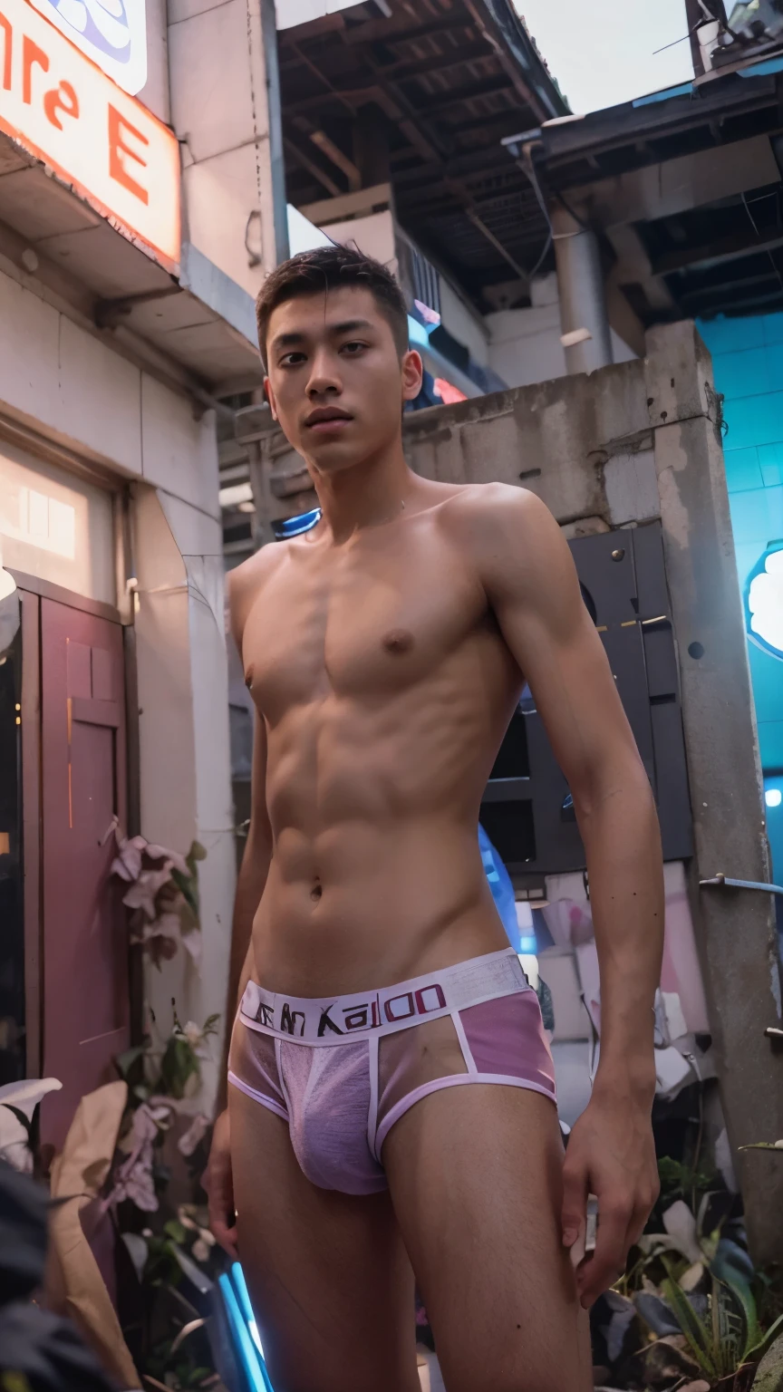 Handsome young man,lean skinny,underwear,Take off your shirt.,teenager,Asian people, cyber punk backdrop 