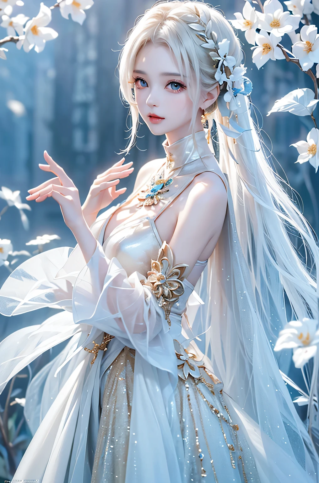 ((From the waist up))((masterpiece:1.5、8k、Portraiture、Photorealistic and very detailed CG、Very detailed、Particle Effects、Dynamic Effects、Written boundary depth、Cinematic Light、Lens flare、Ray Tracing、Tabletop、Realistic:1.4、超A high resolution:1.2、Realistic、Realistic))((alone、,Woman in turtleneck dress:1.4、Model-like pose:、Side bust、Ample breasts、Detailed face、brightexpression、young, bright, Whiter skin、Best Looks、Ultimate beauty、White hair with shiny highlights:1.8、bright and shiny hair,、Super long, Silky straight hair、Hair swaying in the wind))(Wonderful transparent flower々Surrounded by、White Background、Great background、Thin petals fluttering down)
