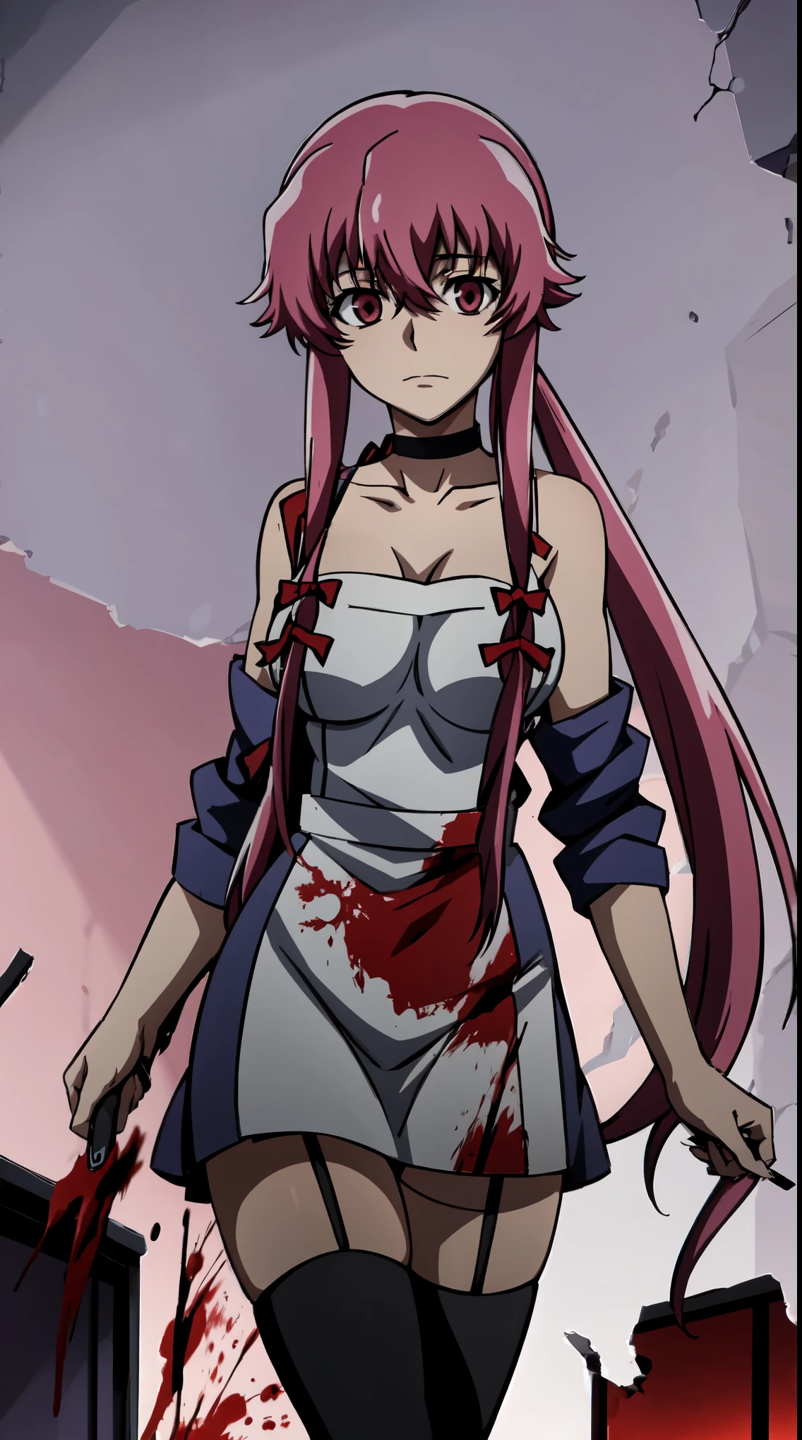 A crazed Yuno Gasai from the anime Future Diary wearing a black choker, black thigh highs, and a blood-stained, tattered apron with breasts exposed, intense expression, large breasts, in a dark and twisted anime style, chaotic background, high contrast lighting