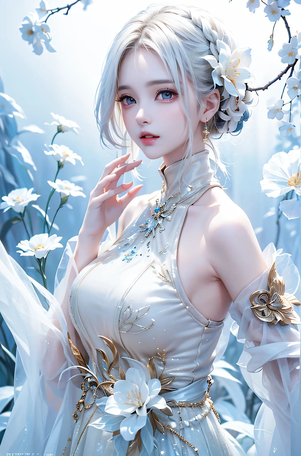 ((From the waist up))((masterpiece:1.5、8k、Portraiture、Photorealistic and very detailed CG、Very detailed、Particle Effects、Dynamic Effects、Written boundary depth、Cinematic Light、Lens flare、Ray Tracing、Tabletop、Realistic:1.4、超A high resolution:1.2、Realistic、Realistic))((alone、,Woman in turtleneck dress:1.4、Model-like pose:、Side bust、Ample breasts、Detailed face、brightexpression、young, bright, Whiter skin、Best Looks、Ultimate beauty、White hair with shiny highlights:1.8、bright and shiny hair,、Super long, Silky straight hair、Hair swaying in the wind))(Wonderful transparent flower々Surrounded by、White Background、Great background、Thin petals fluttering down)