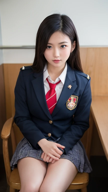 ((masterpiece)),(((best quality))),thin thighs,long legs,girl standing in school,red tie uniform,dark blue blazer,blue plaid skirt,18 years old,forehead,small smile,random pause,Pretty Woman,slim girl,