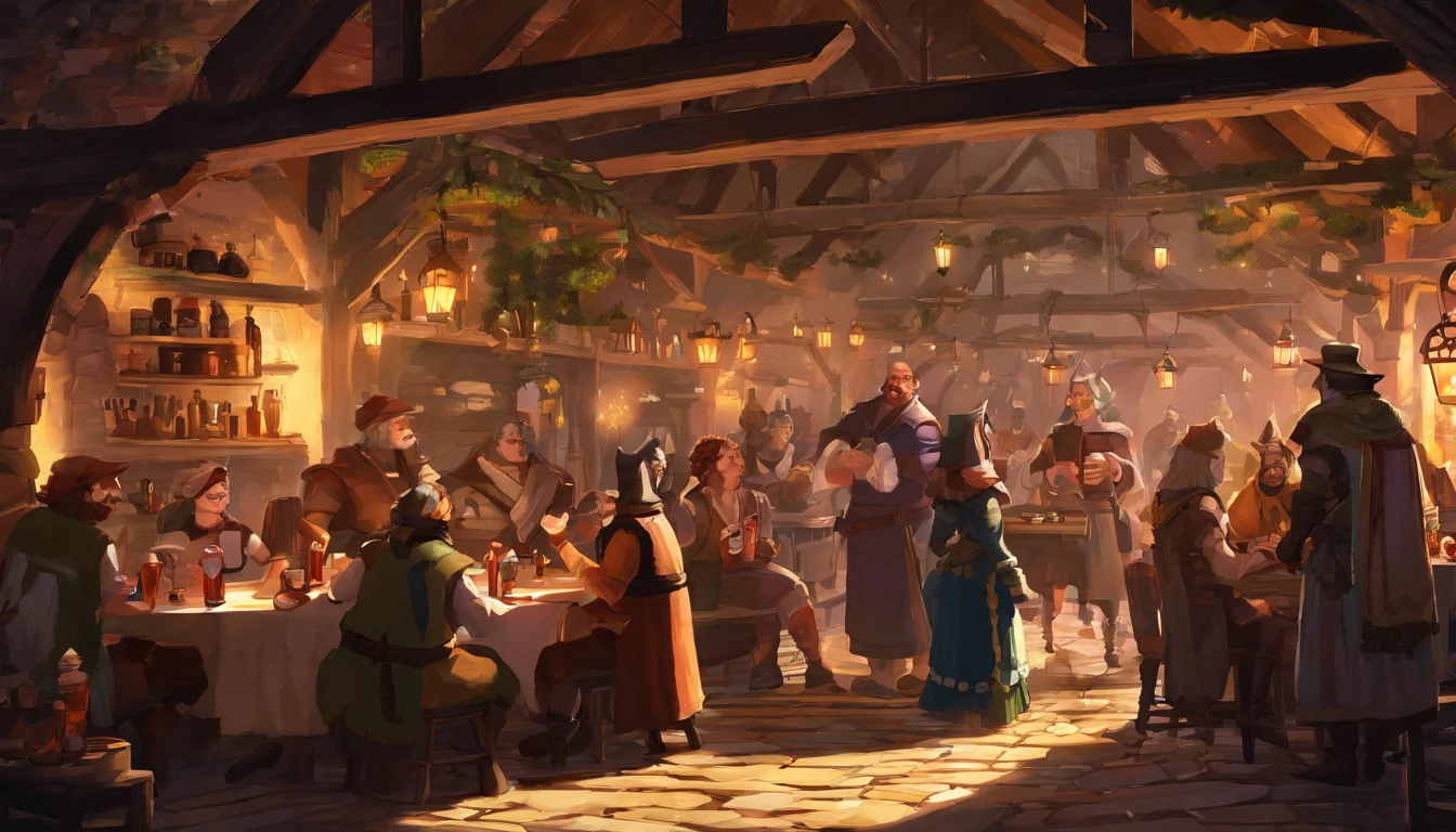 Everyone is facing away so that their faces are not visible.!!!!!!!!!! "In a bustling medieval marketplace, an open-air tavern is filled with lively activity as villagers gather to enjoy food and drink. The tavern's wooden structure is adorned with warm lanterns that cast a golden glow over the scene, creating a welcoming and festive atmosphere. Long wooden tables are crowded with patrons, who are engaged in animated conversations and laughter. The bar area is particularly busy, with people ordering drinks and food from the bartenders behind the counter. The scene is rich with detail: patrons in colorful medieval attire, including hats, cloaks, and tunics, mingle and enjoy the convivial environment. Two women in the foreground, one in a blue dress and the other in a pink dress, are sharing a moment of joy as they toast with their drinks. A man wearing a wide-brimmed hat and a leather vest sits at a table with a mug of ale, seemingly lost in thought. The background features a stone building with ivy climbing its walls, adding to the charm of the medieval setting. Windows are lit, suggesting the presence of people inside, and the overall ambiance is one of warmth and community. The cobblestone street underfoot adds to the authenticity of the scene, and the light from the lanterns and the setting sun bathes everything in a soft, inviting light. The marketplace extends beyond the tavern, with more villagers seen in the distance, engaged in various activities such as shopping, chatting, and strolling through the market. The entire scene captures the essence of a lively and close-knit medieval community, where people come together to celebrate and share in the joy of companionship and good times."