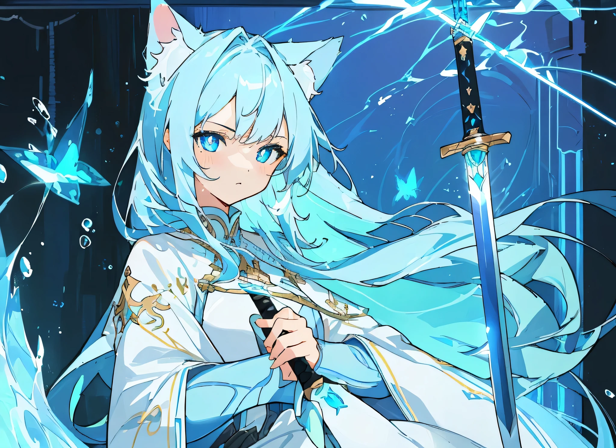 (HD)，(Highest quality)，A beautiful girl，Light blue long hair，Light blue pupils，Light blue and white cat ears，Holding a short sword，Serious expression，There is a light blue light flashing around，There is water flowing around