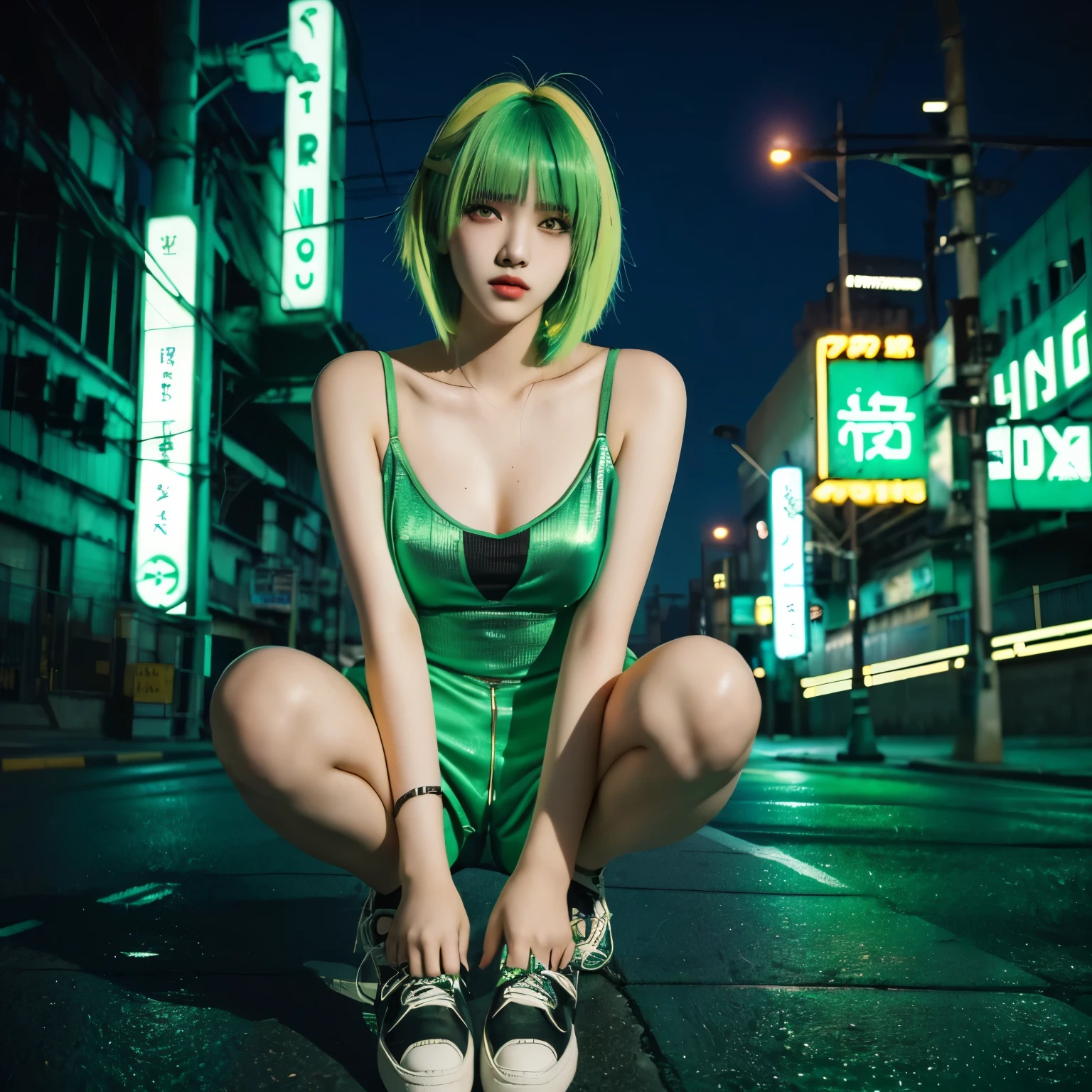 neon city, medium hair, cyber punk, , green hair, Beautiful collarbone, loafers