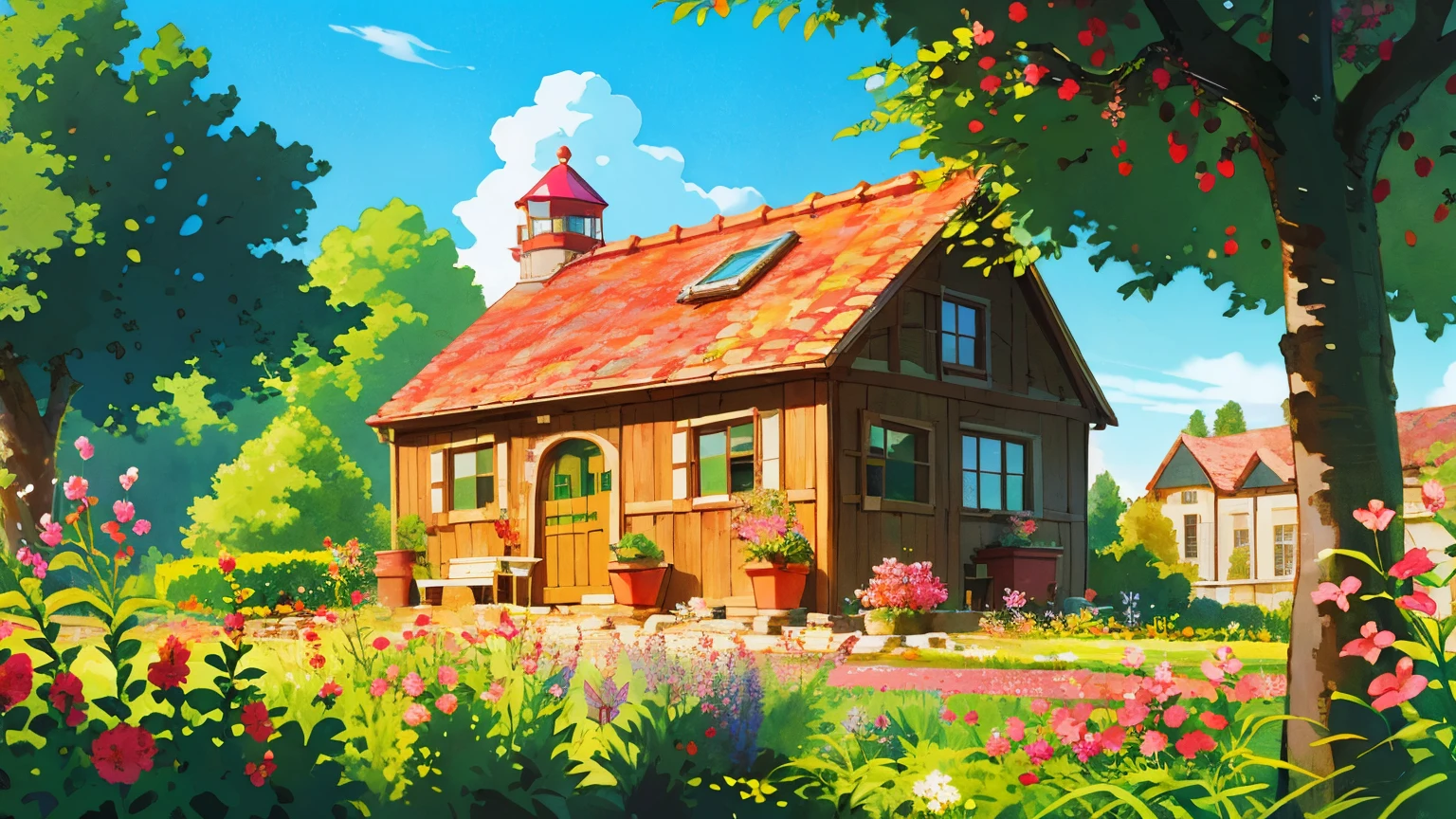 (((high quality))), detailed lighthouse,extremely detailed cliff under small apple tree,high resolution,absurd,high saturation,clear,rational construction,cartoon style,brick wall,building,bush,day,door, fence,field,flower, flower_field, garden, path, pink flower, grass, nature, house, no_humans, plant, potted plant