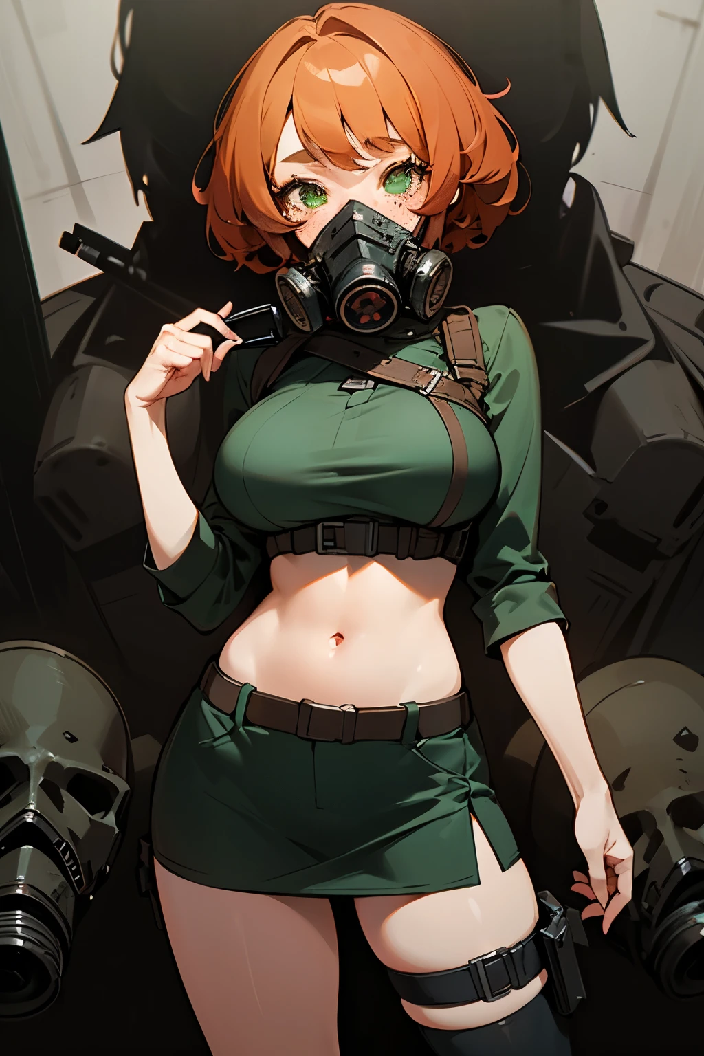 Girl, short curly ginger hair, green eyes, freckles wearing a gas mask, big breasts, exposed stomach, short skirt, (masterpiece:1.2, best quality), noir, dark desolate,