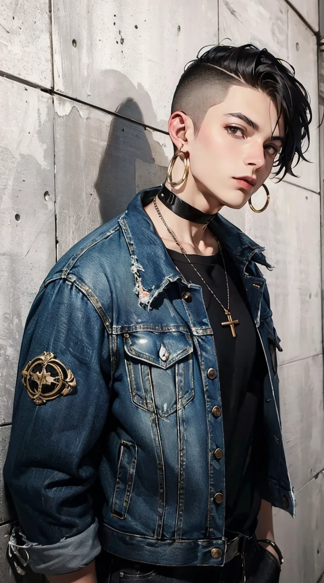 (masterpiece:1.2, best quality), 1lady, solo, upper body, Hair: buzz cut, Clothing: oversized, distressed denim jacket with patches and pins, paired with black skinny jeans and combat boots, Accessories: silver hoop earrings and a black choker necklace, Hanging out in an underground music venue or street art exhibit