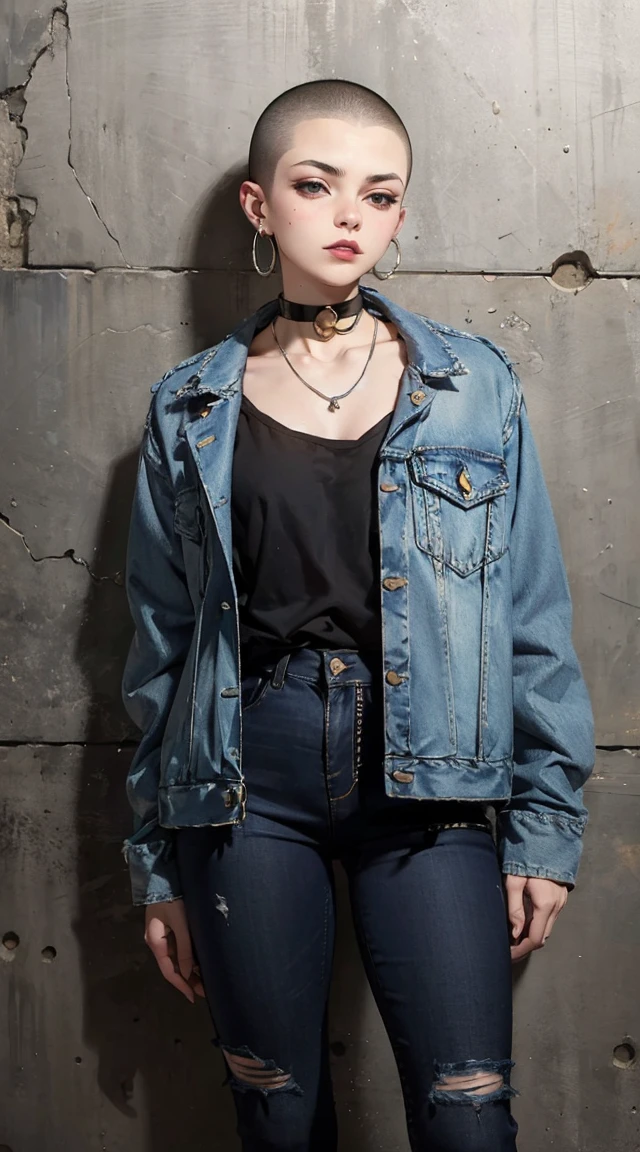 (masterpiece:1.2, best quality), 1lady, solo, upper body, Hair: buzz cut, Clothing: oversized, distressed denim jacket with patches and pins, paired with black skinny jeans and combat boots, Accessories: silver hoop earrings and a black choker necklace, Hanging out in an underground music venue or street art exhibit