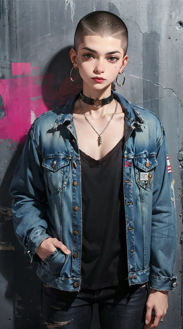 (masterpiece:1.2, best quality), 1lady, solo, upper body, Hair: buzz cut, Clothing: oversized, distressed denim jacket with patches and pins, paired with black skinny jeans and combat boots, Accessories: silver hoop earrings and a black choker necklace, Hanging out in an underground music venue or street art exhibit
