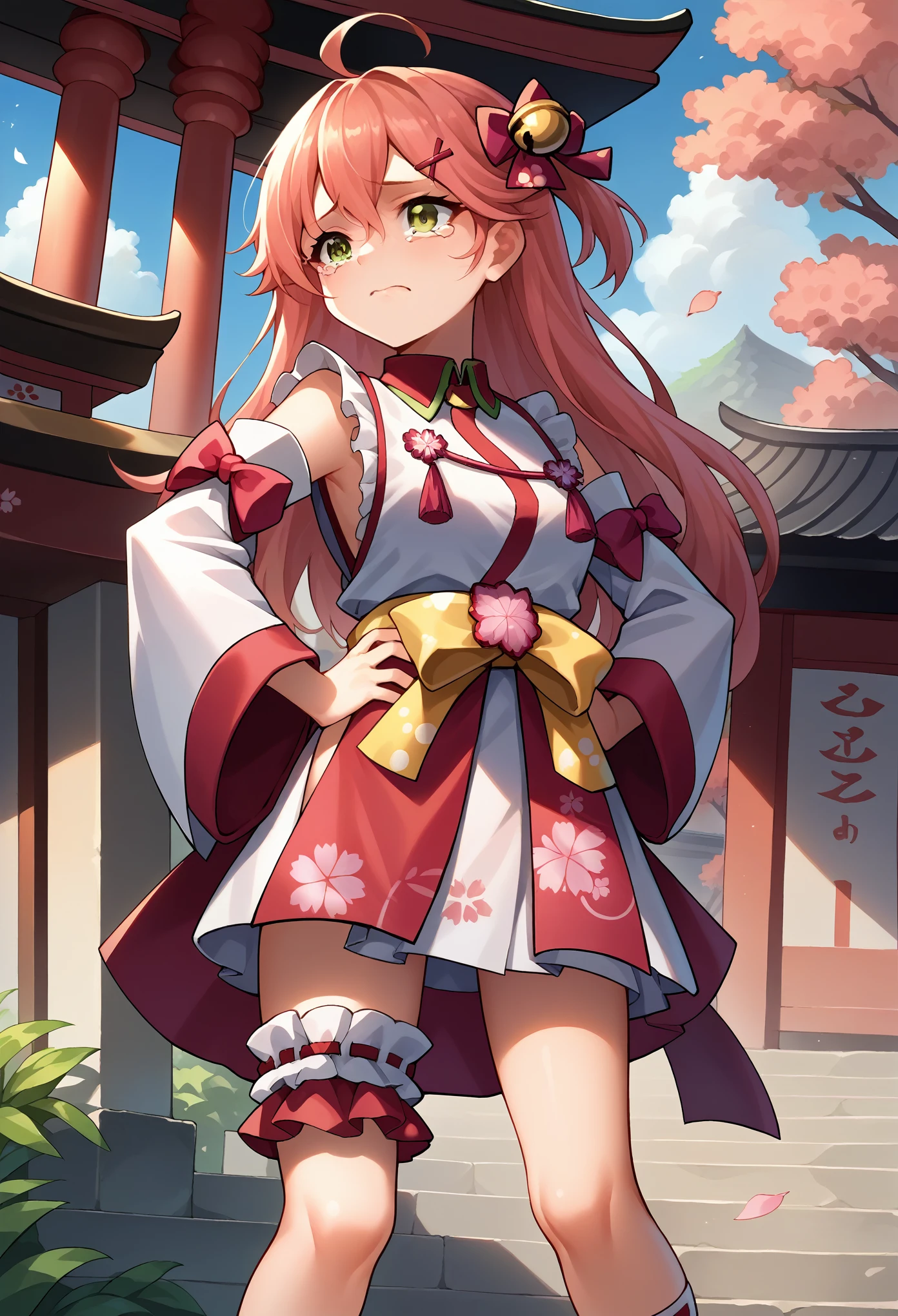 score_9, score_8_superior, sauce_anime, One girl, alone, Miko Base, Long Hair, Ahoge, one side superior, Hair Bell, Cherry blossom print, Non-traditional Shrine Maiden, Frills, Single knee socks, Bridal Garter, Hands on hips, Outdoor, shrine, cry, cowboy shot, tears