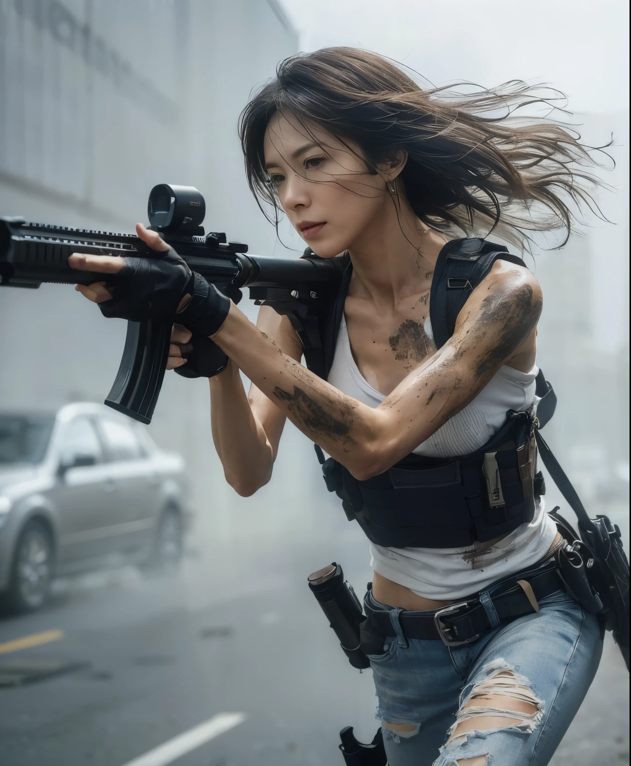 (best quality,8k,realistic photo,realistic skin texture,American female,beautiful Japanese woman,resides  wear mask in America,wearing dirty white T-shirt and jeans,suspicious, bulletproof vest,rifle,short hair,urban warfare,caught in an incident,starts counterattack,dirty,motion-filled action pose,dramatic and bold composition,half-body,muscular,Zoom out)、Abrasions on the face