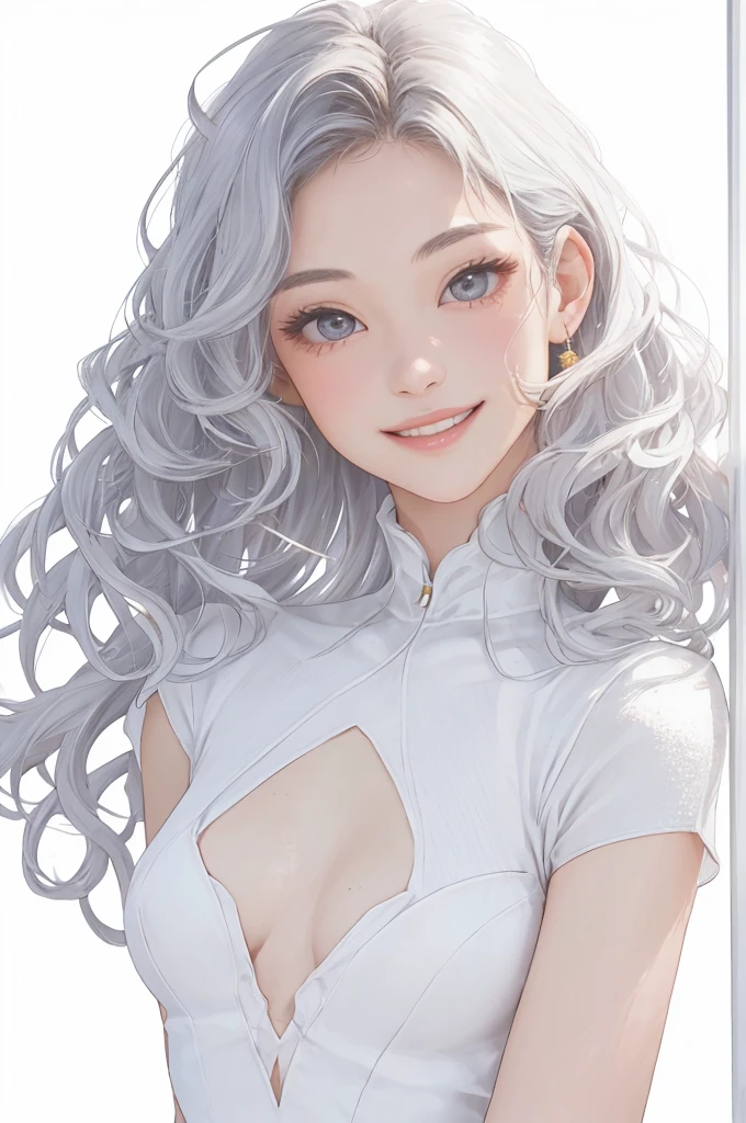 Best Creator，1 beautiful girl、Big round eyes、smile、１By people、Realistic、lips、Tabletop、highest quality、Excellent anatomy、Skin Texture、White Background、Small breasts、White High Neck Dress、Glitter、Gray Hair、Wavy Hair、Beautiful memories、White Tone、Warm Light