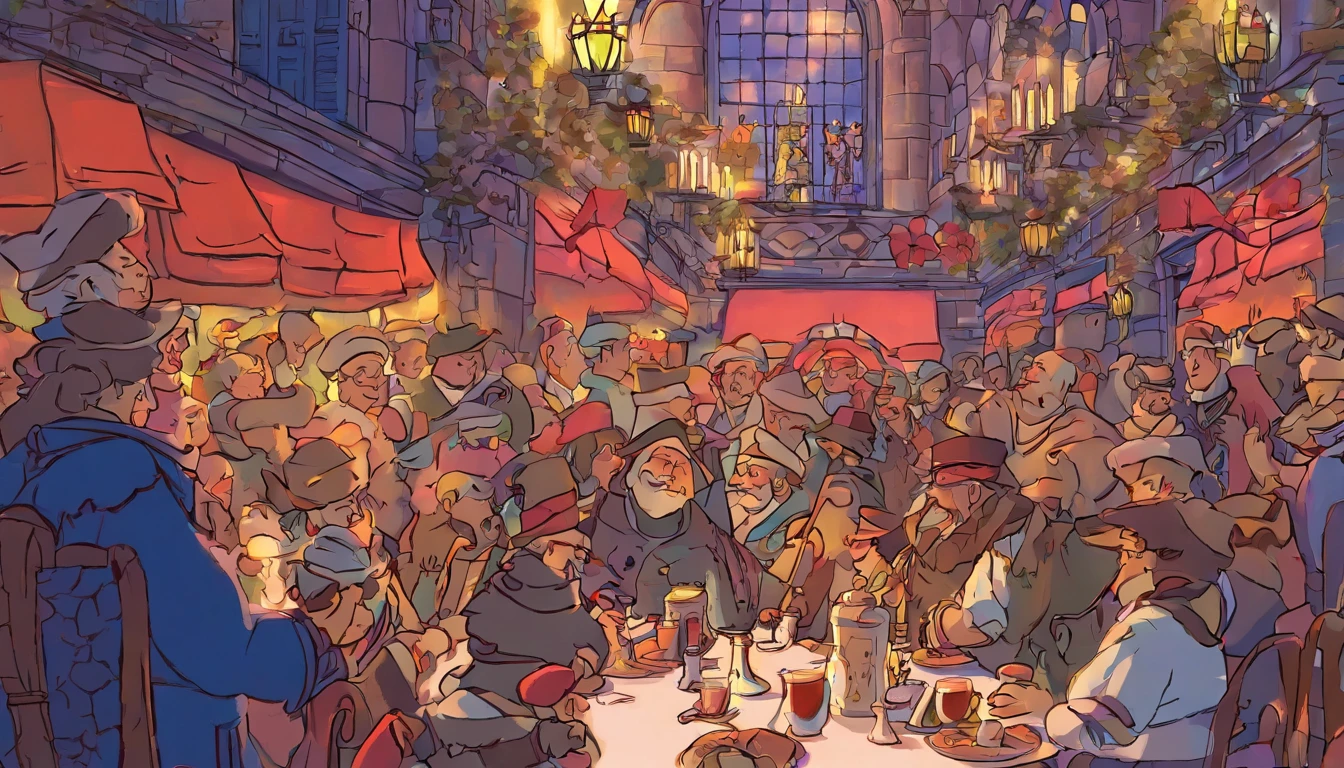 Everyone is facing away so that their faces are not visible.!!!!!!!!!! "In a bustling medieval marketplace, an open-air tavern is filled with lively activity as villagers gather to enjoy food and drink. The tavern's wooden structure is adorned with warm lanterns that cast a golden glow over the scene, creating a welcoming and festive atmosphere. Long wooden tables are crowded with patrons, who are engaged in animated conversations and laughter. The bar area is particularly busy, with people ordering drinks and food from the bartenders behind the counter. The scene is rich with detail: patrons in colorful medieval attire, including hats, cloaks, and tunics, mingle and enjoy the convivial environment. Two women in the foreground, one in a blue dress and the other in a pink dress, are sharing a moment of joy as they toast with their drinks. A man wearing a wide-brimmed hat and a leather vest sits at a table with a mug of ale, seemingly lost in thought. The background features a stone building with ivy climbing its walls, adding to the charm of the medieval setting. Windows are lit, suggesting the presence of people inside, and the overall ambiance is one of warmth and community. The cobblestone street underfoot adds to the authenticity of the scene, and the light from the lanterns and the setting sun bathes everything in a soft, inviting light. The marketplace extends beyond the tavern, with more villagers seen in the distance, engaged in various activities such as shopping, chatting, and strolling through the market. The entire scene captures the essence of a lively and close-knit medieval community, where people come together to celebrate and share in the joy of companionship and good times."