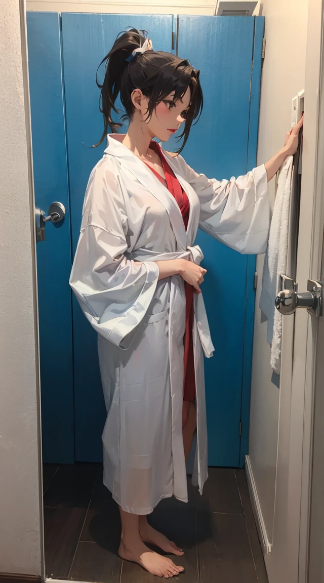 best quality, animated painting ,perfect body,Shiranui Mai,anist05,ponytail,nake bathrobe,in bath dressing room,