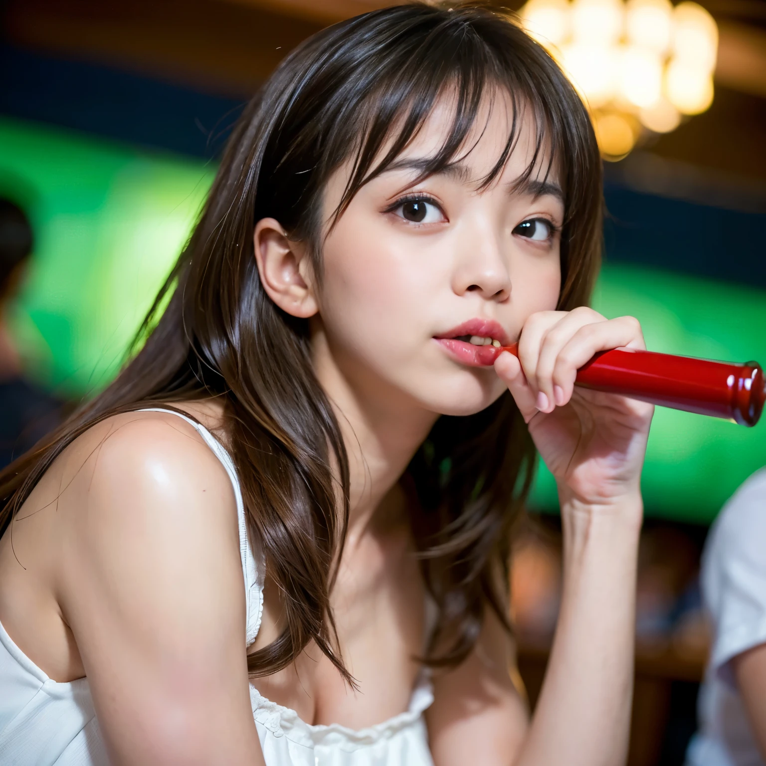 ((Best-quality, Masterpiece, Ultra-High-Resolution, (Photorealistic:1.4), Raw Photo, depth of field, professional lighting, perfect anatomy, extremely details, perfect face, perfect hair, perfect body, perfect hands, perfect fingers)), 1girl, 15-years-old, the most famous Japanese idol, having a lot of fun at drinking party, (extremely cute drunken-face, ((extremely cute and extremely big drunken-eyes)), extremely beautiful drunken-skins), extremely cute hair, extremely cute long-eyelashes, extremely cute lips, looking at viewer, detailed drinking-party, ((completely-drunk, Drunkenness):1.5)