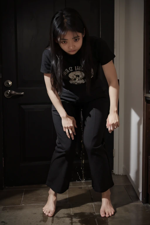 Malay Girl sees the ghost and pees her black culotte pants in fright.