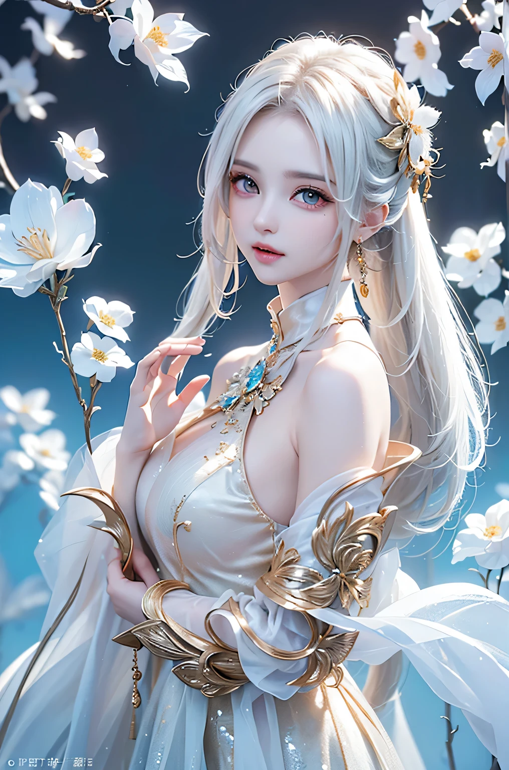 ((From the waist up))((masterpiece:1.5、8k、Portraiture、Photorealistic and very detailed CG、Very detailed、Particle Effects、Dynamic Effects、Written boundary depth、Cinematic Light、Lens flare、Ray Tracing、Tabletop、Realistic:1.4、超A high resolution:1.2、Realistic、Realistic))((alone、,Woman in turtleneck dress:1.4、Model-like pose:、Side bust、Ample breasts、Detailed face、brightexpression、young, bright, Whiter skin、Best Looks、Ultimate beauty、White hair with shiny highlights:1.8、bright and shiny hair,、Super long, Silky straight hair、Hair swaying in the wind))(Wonderful transparent flower々Surrounded by、White Background、Great background、Thin petals fluttering down)