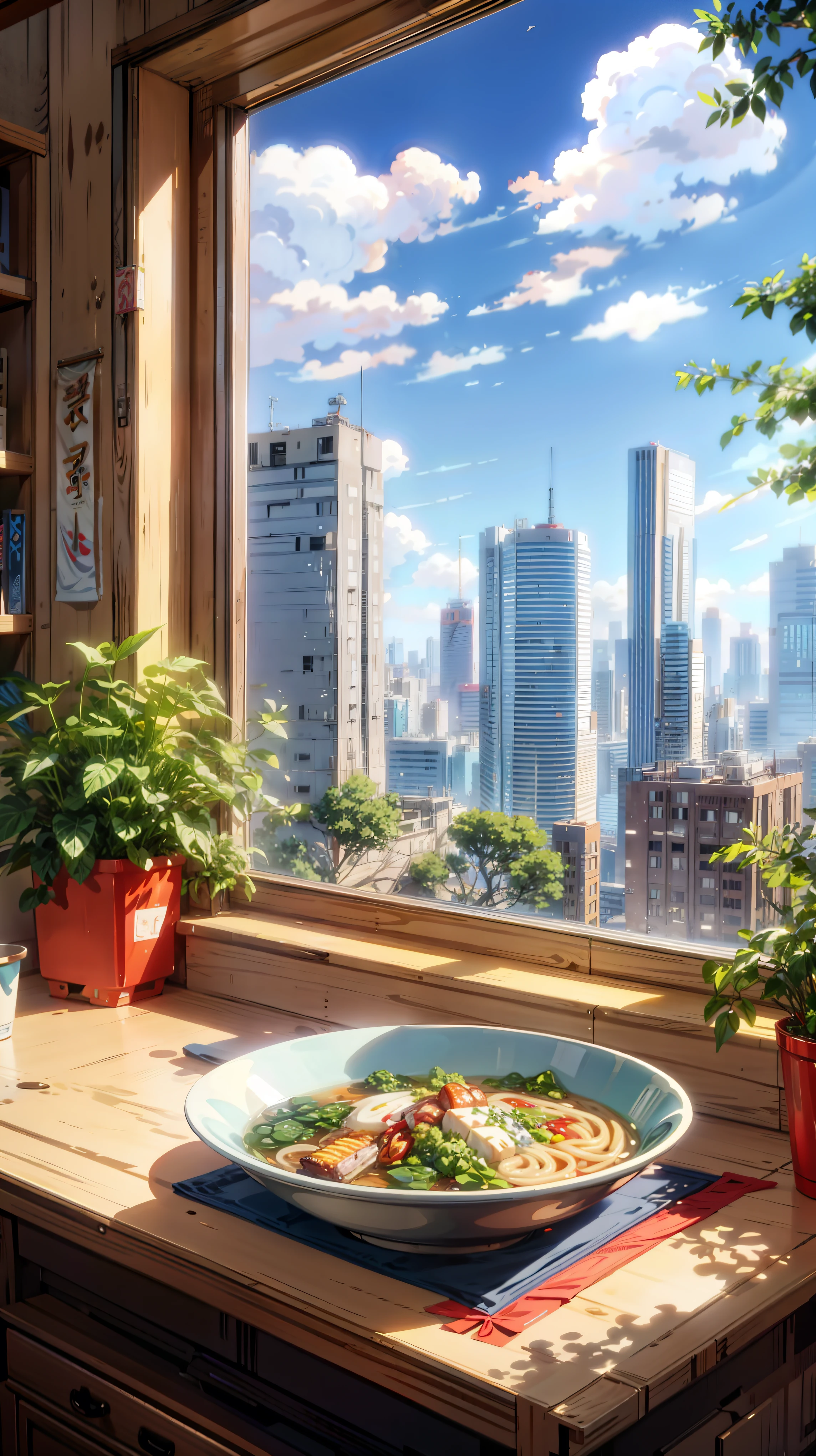 a painting of a bowl of ramen noodles sitting on a counter in front of a window, hd anime cityscape, anime scenery, anime style cityscape, screenshot from a 2012s anime, saturated colors, cgsociety 9, anime scenery concept art, rio de janeiro in an anime film, still from anime, anime landscape, clean anime art, anime atmospheric, smooth anime cg art, anime background art, anime aesthetic, anime. by makoto shinkai, hd anime cityscape, anime scenery concept art, anime scenery, style of makoto shinkai, makoto shinkai art style, anime. by makoto shinkai, by Makoto Shinkai, by makoto shinkai, anime scenery, kyoto animation, 4k hd,, beautiful art uhd 4 k, a beautiful artwork illustration, beautiful digital painting, highly detailed digital painting, beautiful digital artwork, detailed painting 4 k, very detailed digital painting, rich picturesque colors, gorgeous digital painting, saturated, no human