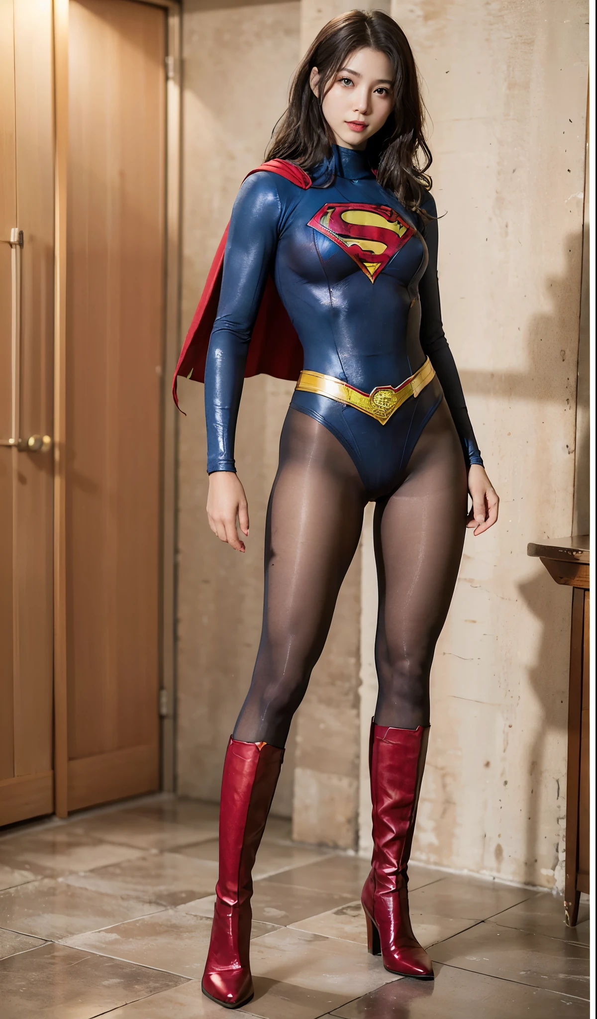No background、(((Beautiful legs in black tights.)))、(((Legally express the beauty of your smile)))、((((Make the most of your original images)))、(((Body-hugging Supergirl costume)))、(((Supergirl Costume)))、(((Beautiful Hair)))、(((suffering)))、(((Please wear black tights....、Wear red boots)))、((Best image quality、8k))、((highest quality、8k、masterpiece:1.3))、(((Preserve background )))、Sharp focus:1.2、Beautiful woman with perfect figure:1.4、Slim Abs:1.2、Wet body:1.5、Highly detailed face and skin texture、8k