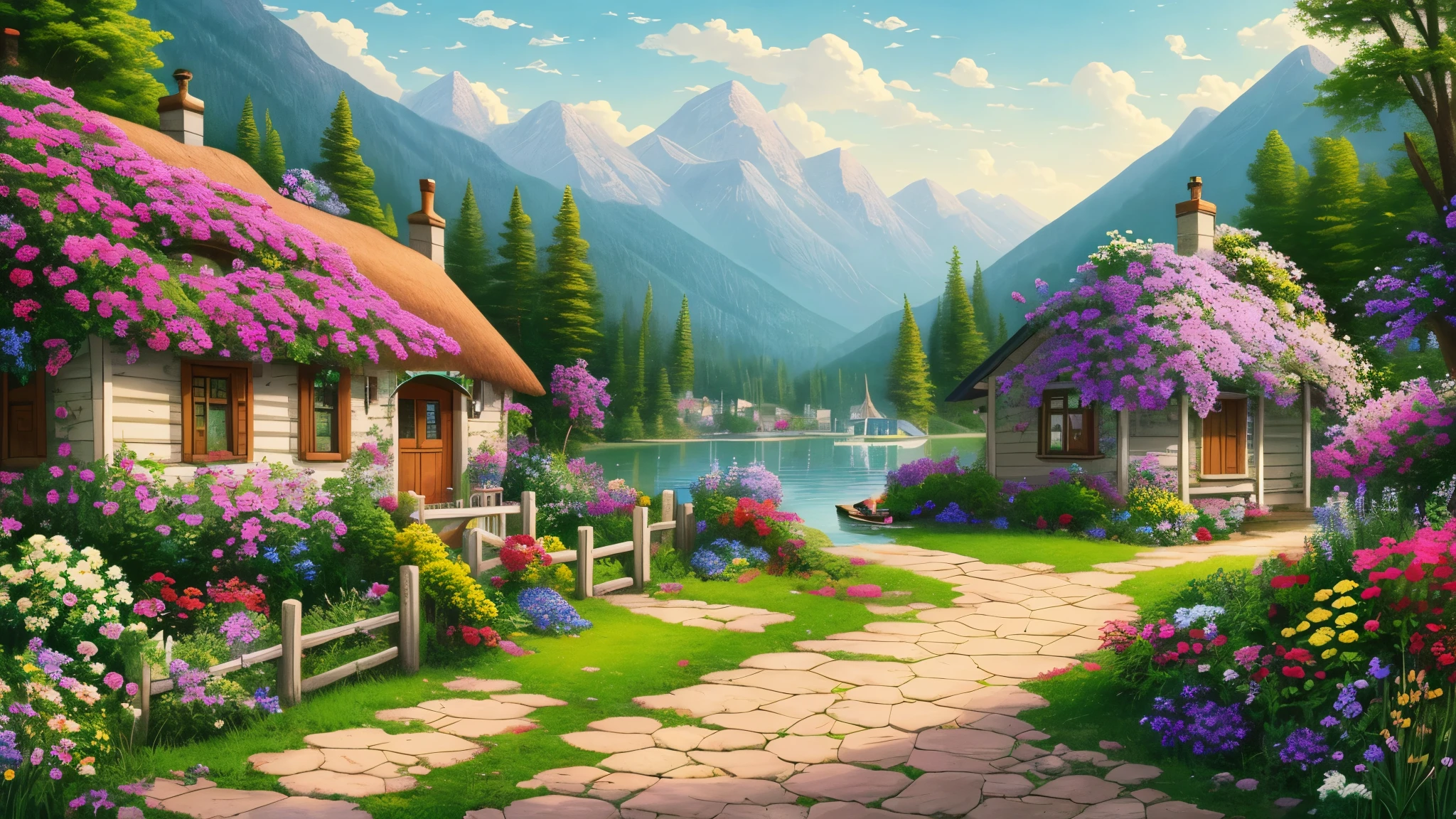 painting of a cottage, flowers beside of fence, fence along the road, mountain landscape with a lake and a boat, illustration matte painting, inspired by Thomas Kinkade, symmetric matte painting, detailed scenery , style raw, 8 k ultra detailed